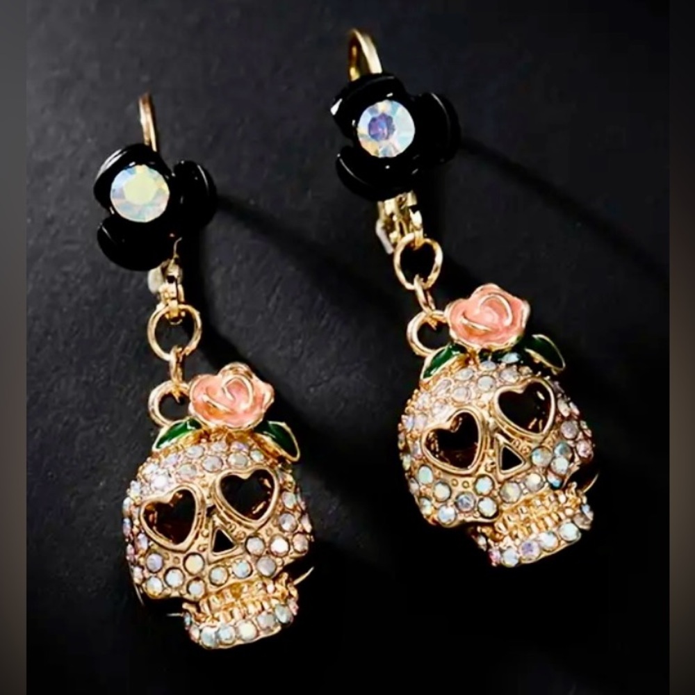 GOLD AND RHINESTONE SUGAR SCULL DANGLE EARRINGS